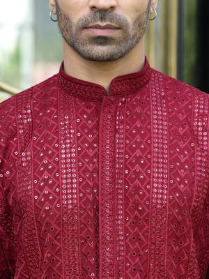 Silk rayon embroidered sequinned maroon kurta with elasticated pyjamas 2