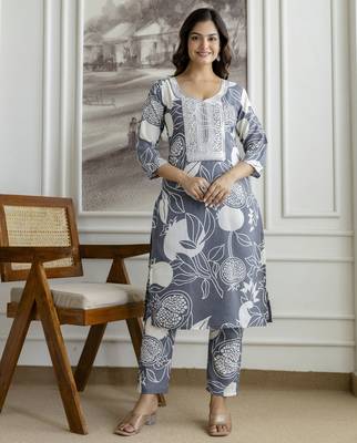 Cotton slub magic printed kurta pant embroidery neck work kurta set 1