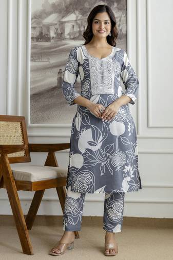 Cotton slub magic printed kurta pant embroidery neck work kurta set