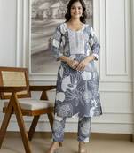 Trendmalls Cotton slub magic printed kurta pant embroidery neck work kurta set