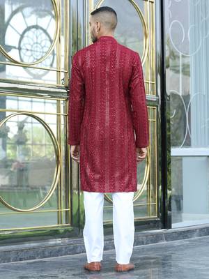 Silk rayon embroidered sequinned maroon kurta with elasticated pyjamas 3