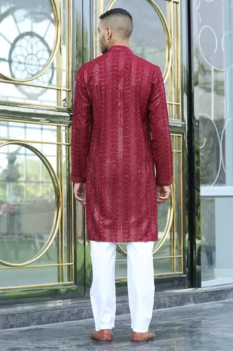 Silk rayon embroidered sequinned maroon kurta with elasticated pyjamas