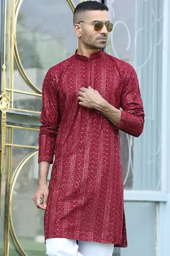 Silk rayon embroidered sequinned maroon kurta with elasticated pyjamas