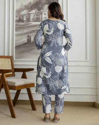 Cotton slub magic printed kurta pant embroidery neck work kurta set 2