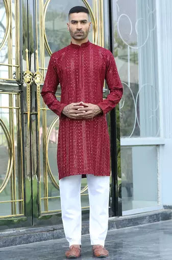 Silk rayon embroidered sequinned maroon kurta with elasticated pyjamas