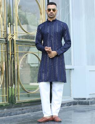 Silk rayon embroidered sequinned navy blue kurta with elasticated pyjamas 1