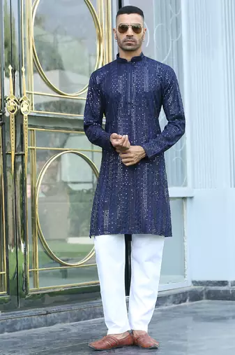 Silk rayon embroidered sequinned navy blue kurta with elasticated pyjamas