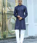 Silk rayon embroidered sequinned navy blue kurta with elasticated pyjamas