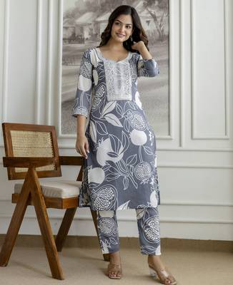 Cotton slub magic printed kurta pant embroidery neck work kurta set 3