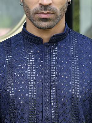 Silk rayon embroidered sequinned navy blue kurta with elasticated pyjamas 2