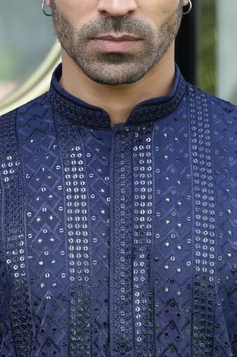 Silk rayon embroidered sequinned navy blue kurta with elasticated pyjamas