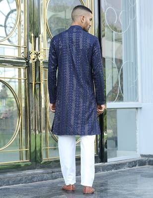 Silk rayon embroidered sequinned navy blue kurta with elasticated pyjamas 3