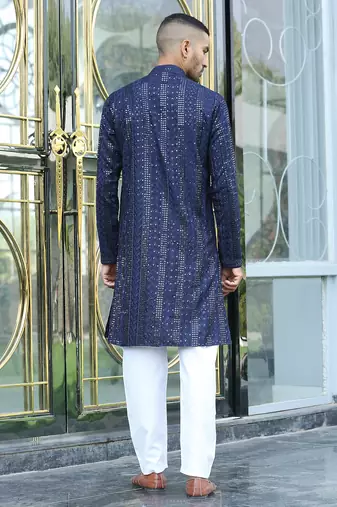 Silk rayon embroidered sequinned navy blue kurta with elasticated pyjamas