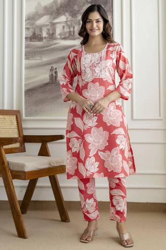 Cotton slub magic printed kurta pant embroidery neck work kurta set