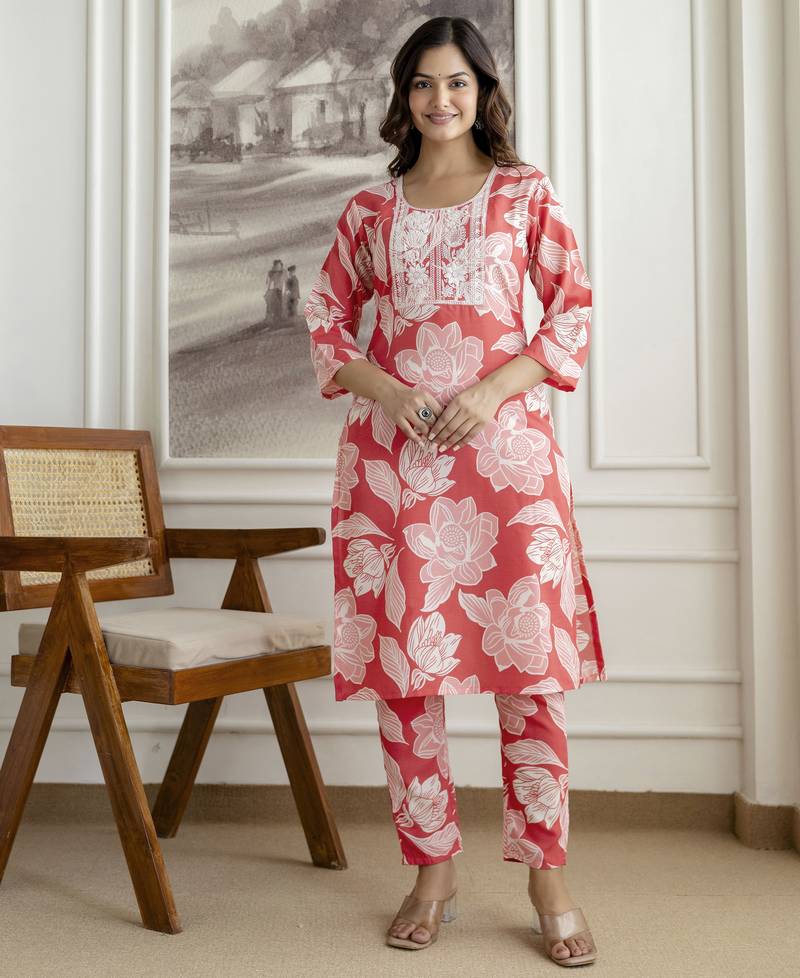 Cotton slub magic printed kurta pant embroidery neck work kurta set