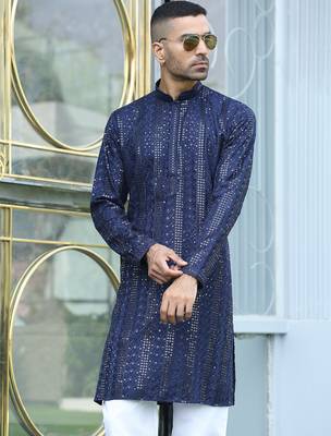 Silk rayon embroidered sequinned navy blue kurta with elasticated pyjamas 4