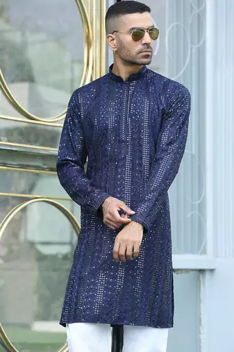 Silk rayon embroidered sequinned navy blue kurta with elasticated pyjamas