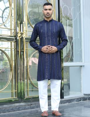 Silk rayon embroidered sequinned navy blue kurta with elasticated pyjamas 5