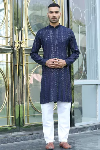 Silk rayon embroidered sequinned navy blue kurta with elasticated pyjamas