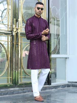Silk rayon embroidered sequinned purple kurta with elasticated pyjamas 1