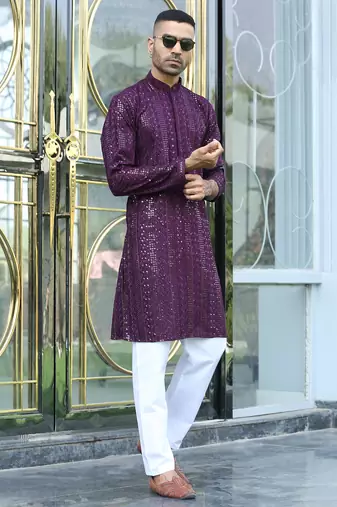 Silk rayon embroidered sequinned purple kurta with elasticated pyjamas