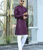 Silk rayon embroidered sequinned purple kurta with elasticated pyjamas