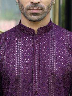 Silk rayon embroidered sequinned purple kurta with elasticated pyjamas 2