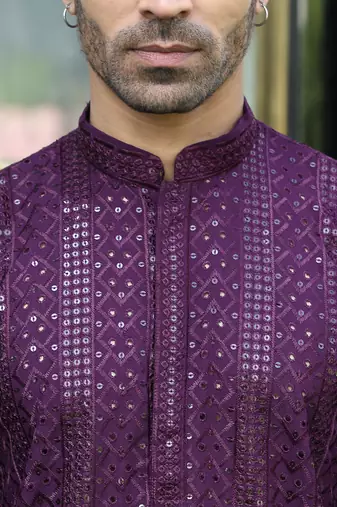 Silk rayon embroidered sequinned purple kurta with elasticated pyjamas