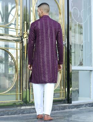 Silk rayon embroidered sequinned purple kurta with elasticated pyjamas 3