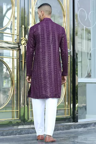 Silk rayon embroidered sequinned purple kurta with elasticated pyjamas