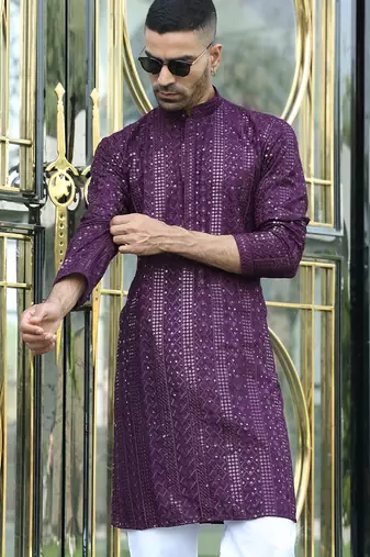 Silk rayon embroidered sequinned purple kurta with elasticated pyjamas