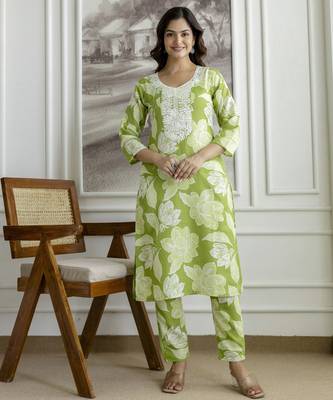 Cotton slub magic printed kurta pant embroidery neck work kurta set 1