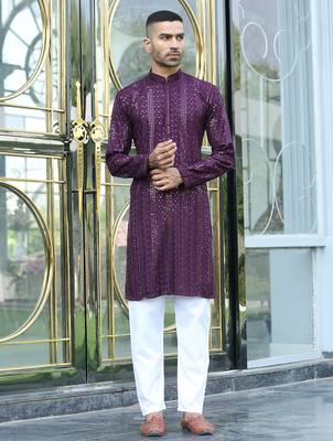 Silk rayon embroidered sequinned purple kurta with elasticated pyjamas 5
