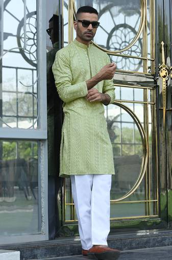 Silk rayon embroidered sequinned green kurta with elasticated pyjamas