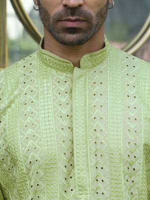 Silk rayon embroidered sequinned green kurta with elasticated pyjamas 2