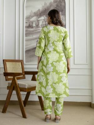 Cotton slub magic printed kurta pant embroidery neck work kurta set 2