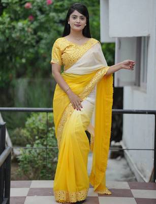 Yellow dual Shaded Georgette Saree 3