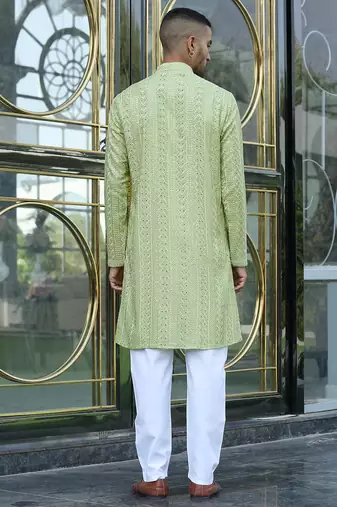 Silk rayon embroidered sequinned green kurta with elasticated pyjamas