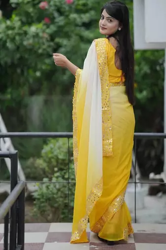 Yellow dual Shaded Georgette Saree