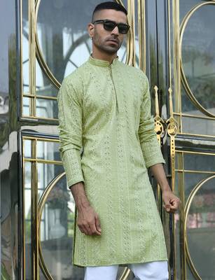 Silk rayon embroidered sequinned green kurta with elasticated pyjamas 4
