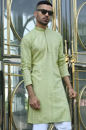 Silk rayon embroidered sequinned green kurta with elasticated pyjamas