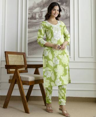 Cotton slub magic printed kurta pant embroidery neck work kurta set 3