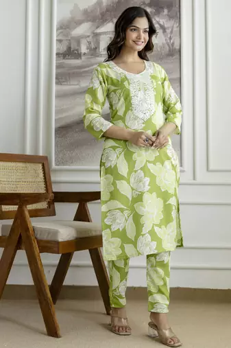Trendmalls Cotton slub magic printed kurta pant embroidery neck work kurta set