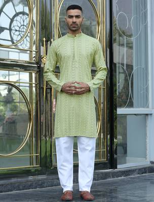 Silk rayon embroidered sequinned green kurta with elasticated pyjamas 5