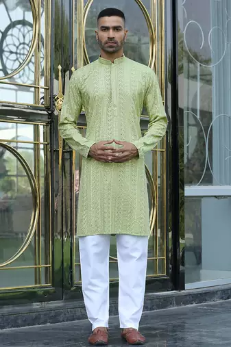 Silk rayon embroidered sequinned green kurta with elasticated pyjamas