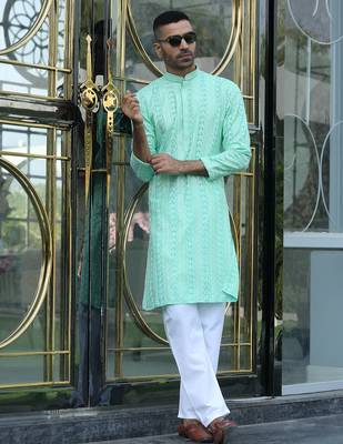 Silk rayon embroidered sequinned sea green kurta with elasticated pyjamas 1