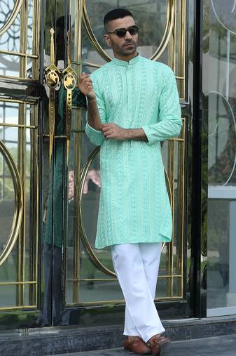 Silk rayon embroidered sequinned sea green kurta with elasticated pyjamas