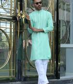 Silk rayon embroidered sequinned sea green kurta with elasticated pyjamas
