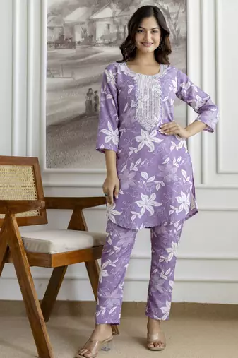 Cotton slub magic printed kurta pant embroidery neck work kurta set
