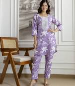 Cotton slub magic printed kurta pant embroidery neck work kurta set